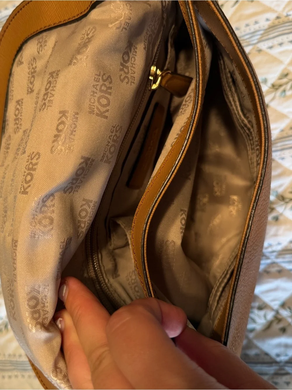 Michael Kors Cognac Leather Shoulder Bag with Tassel and Gold Chain